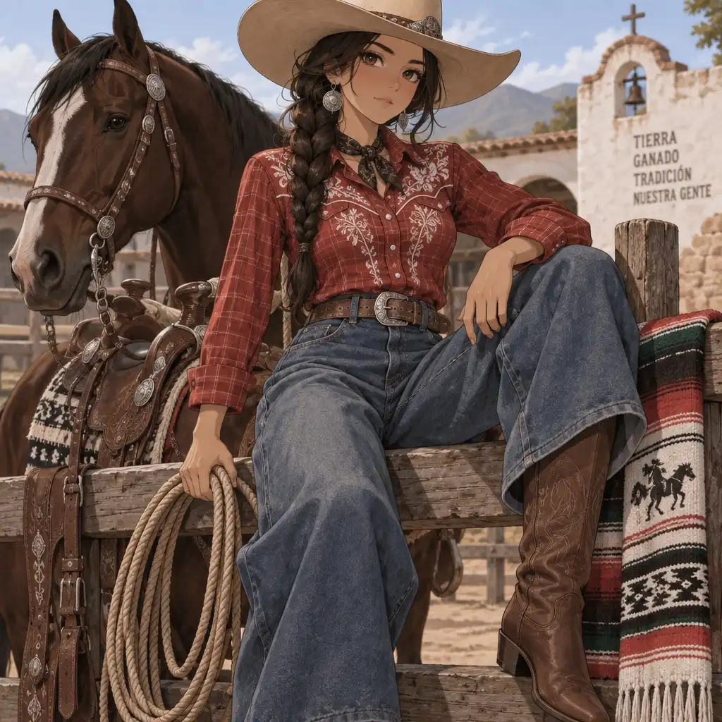 GPT Image-2.5 Sunburst image: Una vaquera tejana con estilo clásico de buckaroo, vestida con una camisa roja de cuadros bordados, pantalones anchos de…