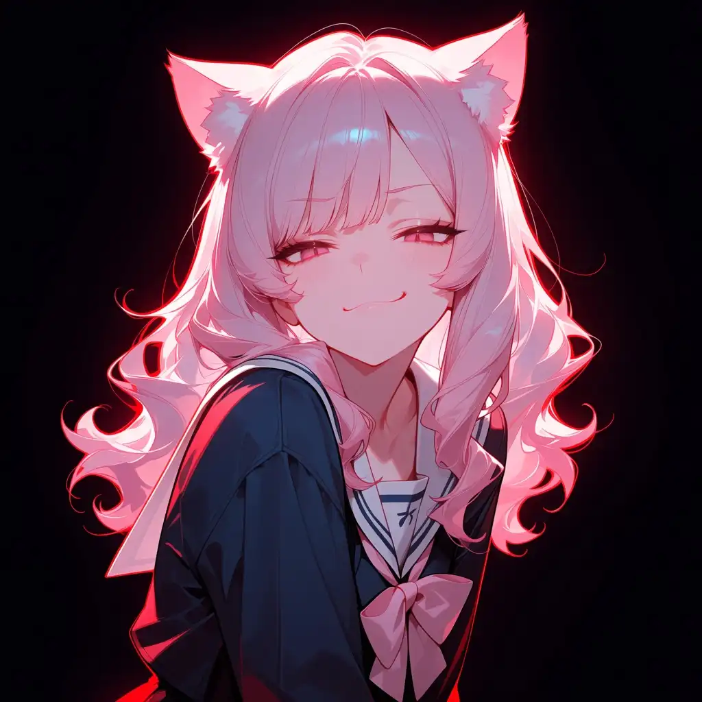 Hassaku (Anima) image: Anime-style illustration of a woman with long soft wavy pastel pink hair and matching pink cat ears. She is posing with …