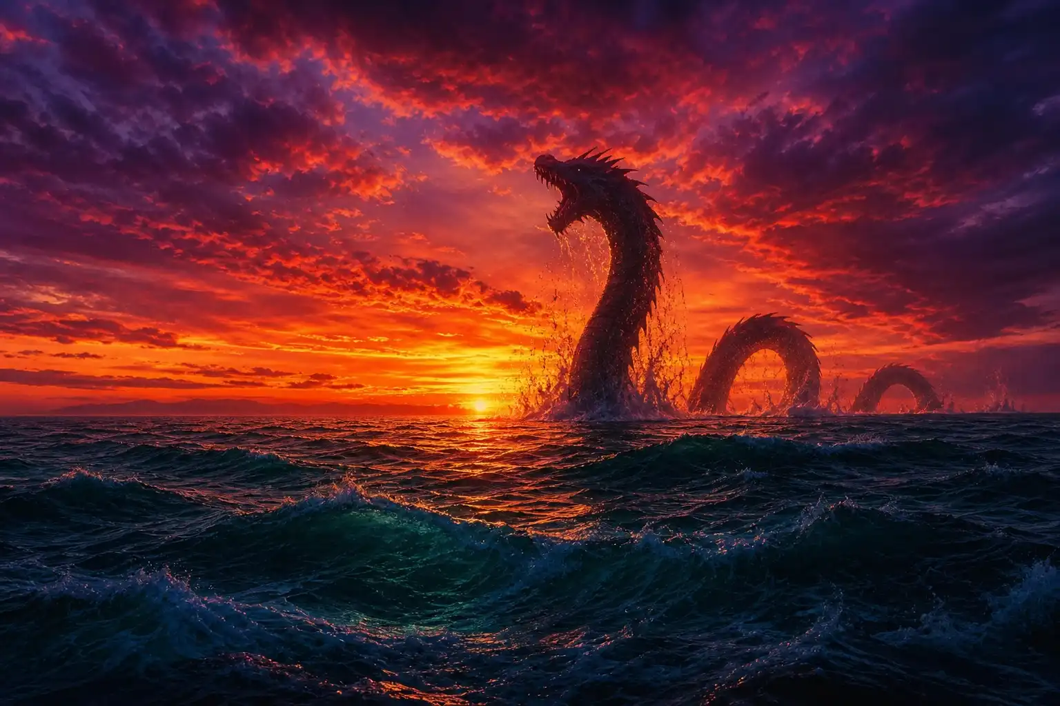 GPT Image-2 image: a vivid sunset of red orange purple can be seen over an ocean. the water has deep rich greens and blues. Jumping out of …