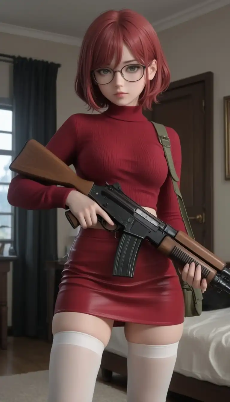 BlenderStyle_ByUrameshi image: beautifull girl, short hair, red hair, glasses, red top and red miniskirt, white stay‑up stockings, in a room, hold a a …