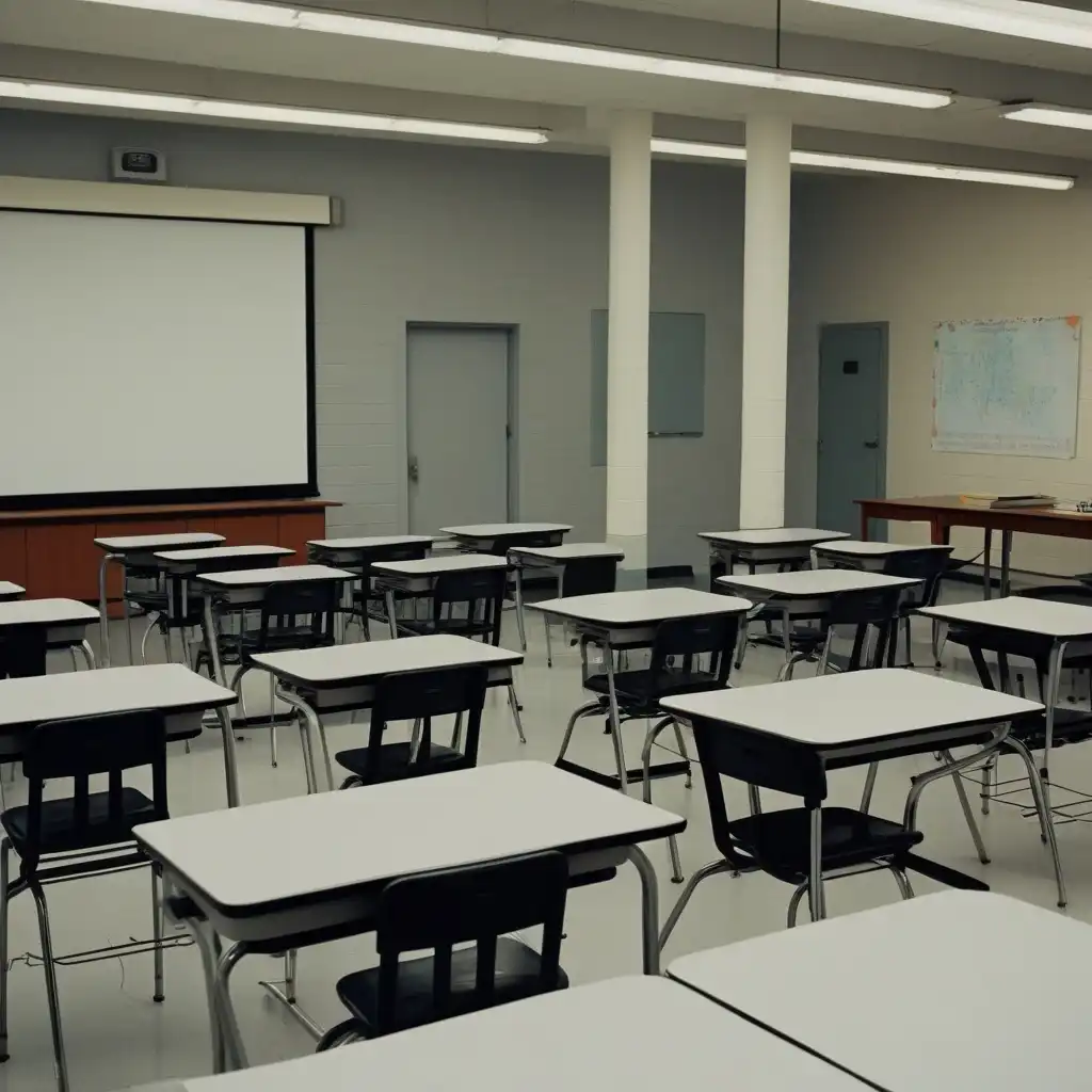 CyberRealistic XL image: 20x30 high school classroom. the front and back walls are 20ft. the side walls are 30ft. the door is at the front on the…