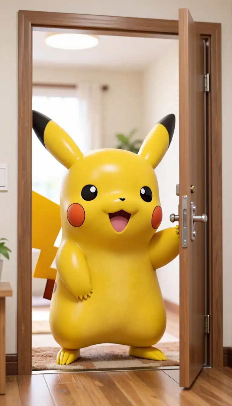 Dark Beast image: Pikachu, super happy, cute face, opening door, doorway, pov doorway, indoors