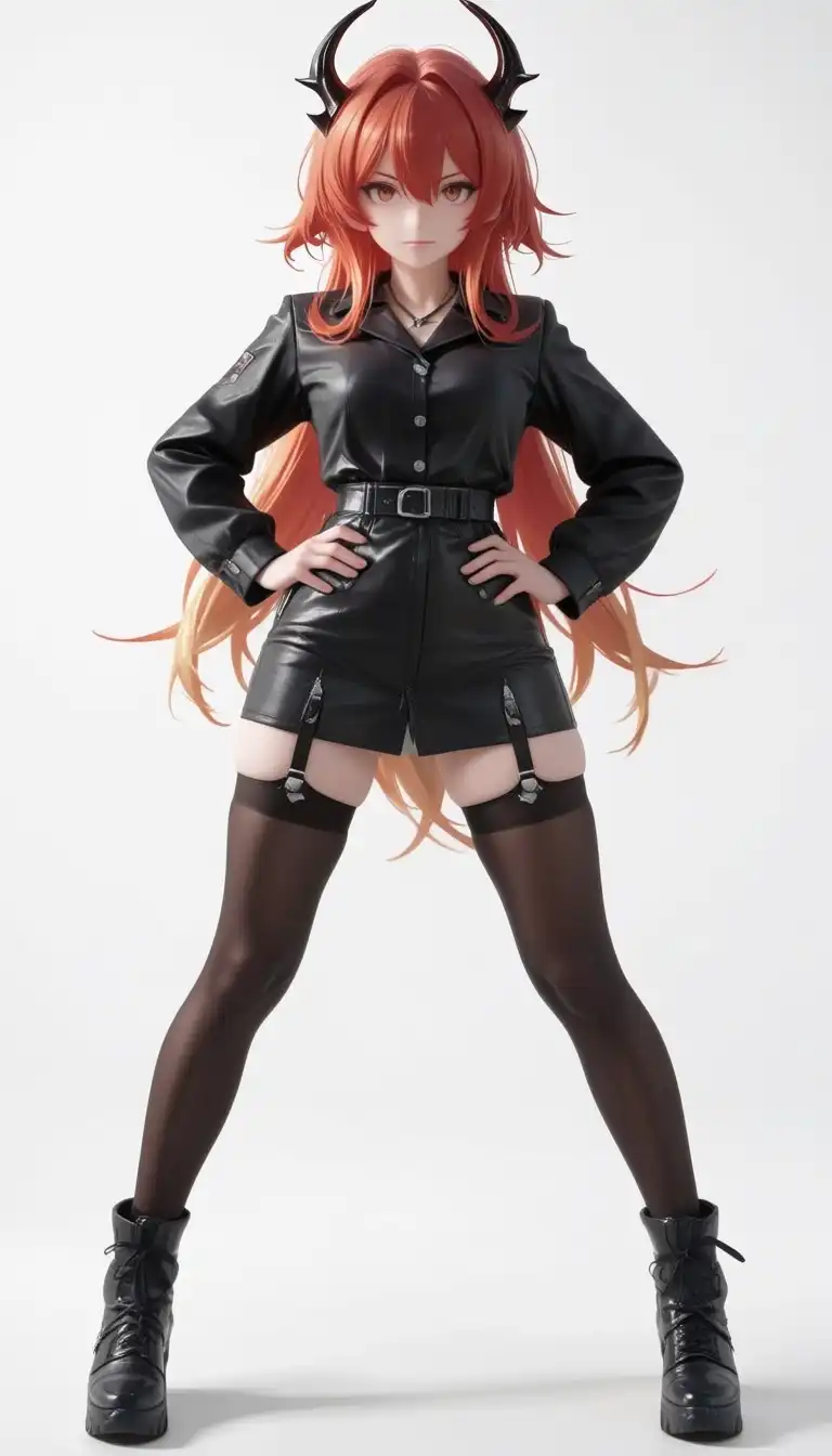 BlenderStyle_ByUrameshi image: full body, confident, standing boldly, powerful stance, hands on hips, legs apart, white minimalist background, perfect …