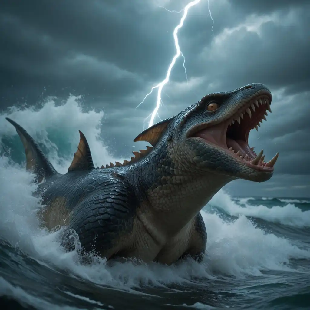 CatPony-Real image: fantasy sea monster, tempest, ocean, fangs, emerging from the ocean during a storm, lightning, scales, crest along the b…