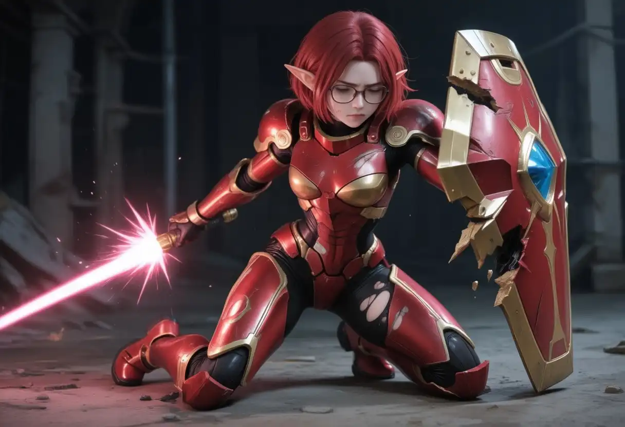 BlenderStyle_ByUrameshi image: Female elf, red short hair, glasses, future base scenario, red and gold power armor, armor torn apart, she raised her sh…