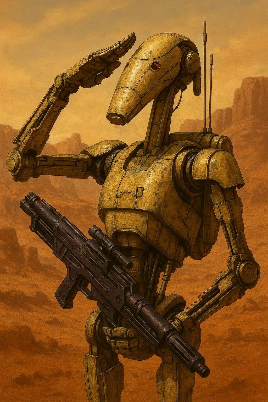 GPT Image-1 image: Star Wars. A B1 Battle Droid. Painted dull yellow. Carrying a blaster rifle. Incredibly Detailed. Painted dark purple. S…