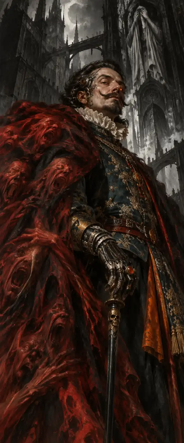 GPT Image-2.5 Sunburst image: A posh cybernetically enhanced nobleman wearing the finest intricate silk brocade clothing wrapped in a cloak made form …