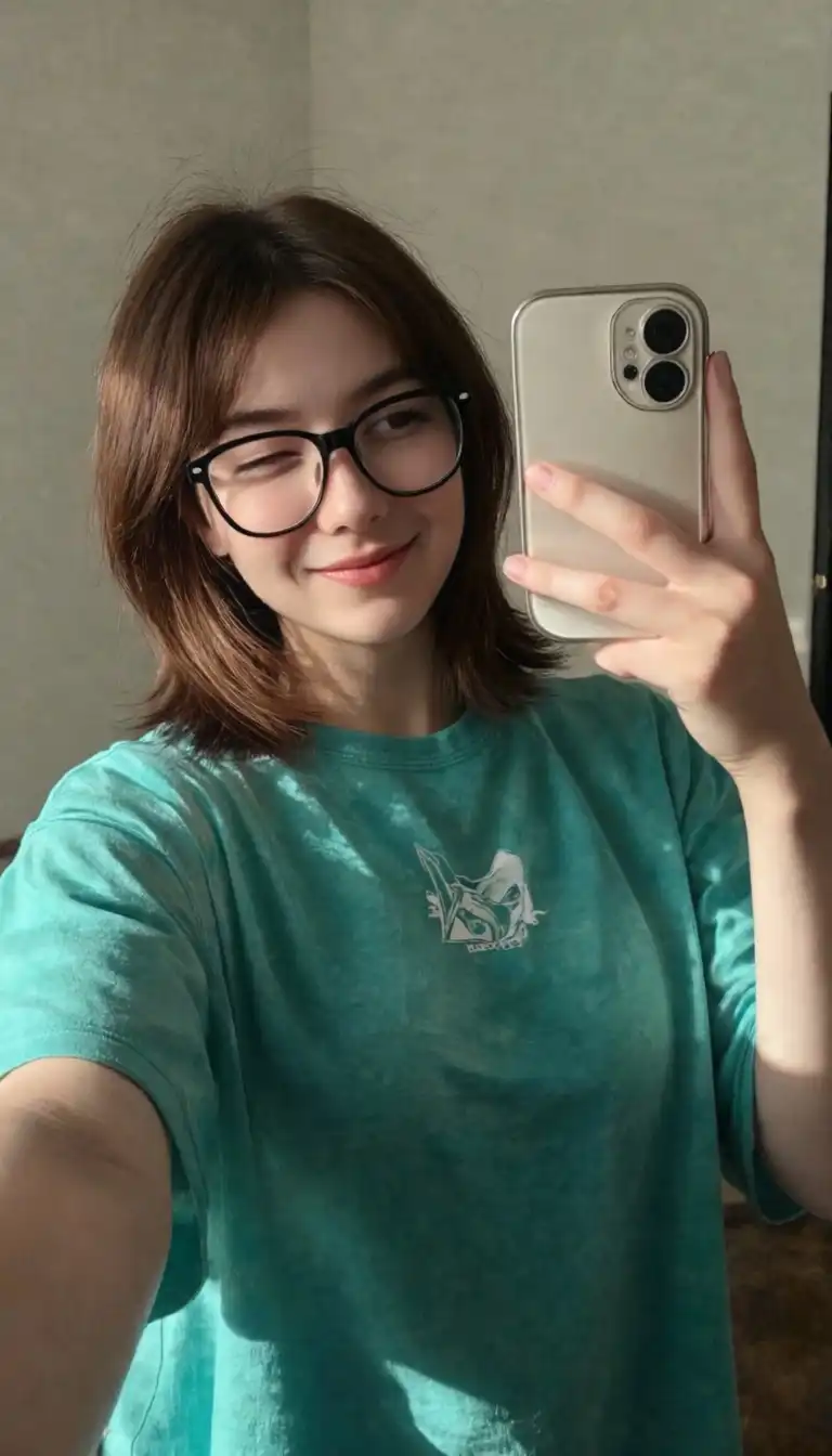 Real Dream image: 1girl, white skin, brown medium length hair, wearing glasses, DD cup bust, baggy t-shirt, taking upper body mirror selfi…